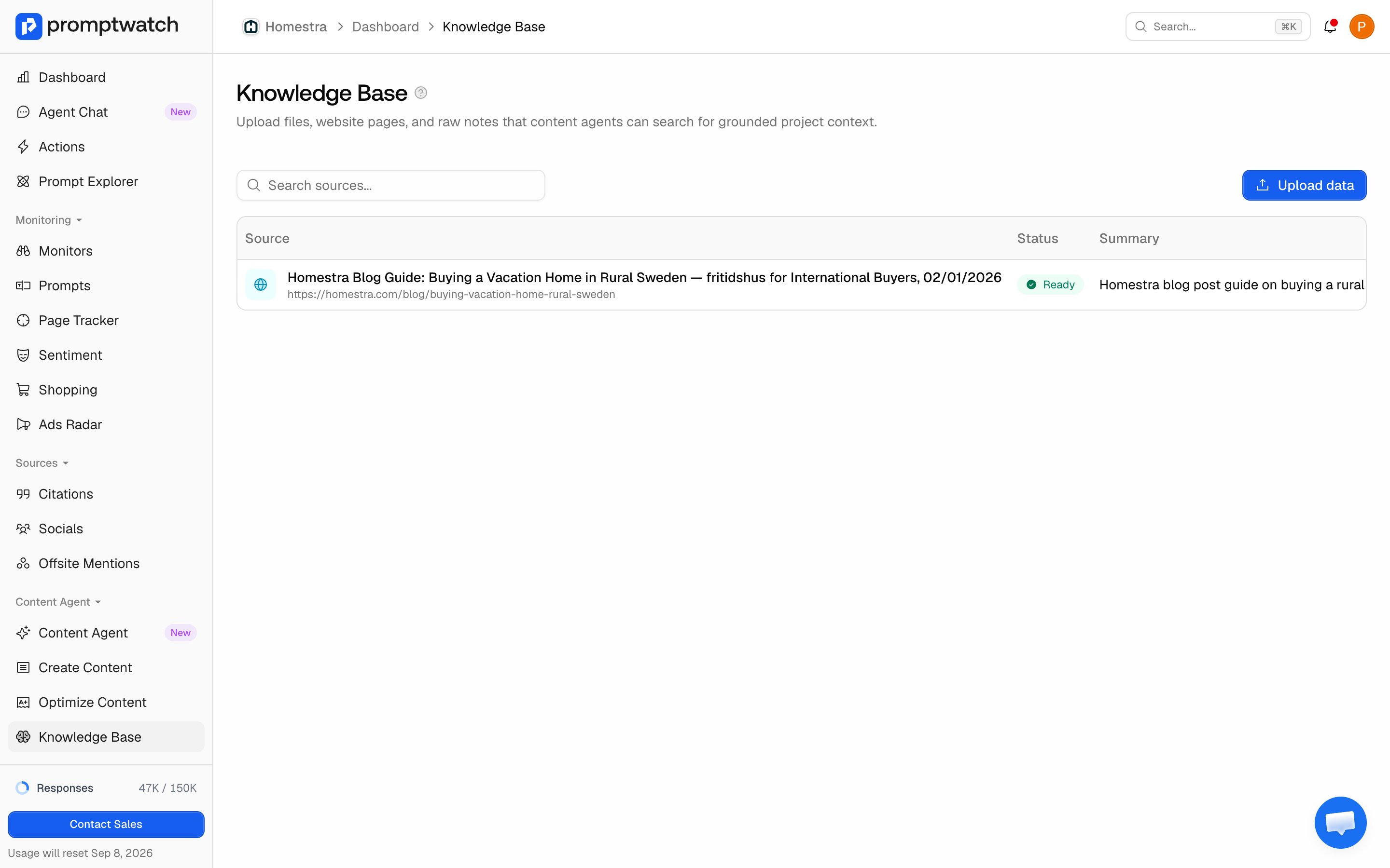 The Promptwatch Knowledge Base table with a processed source in Ready status.