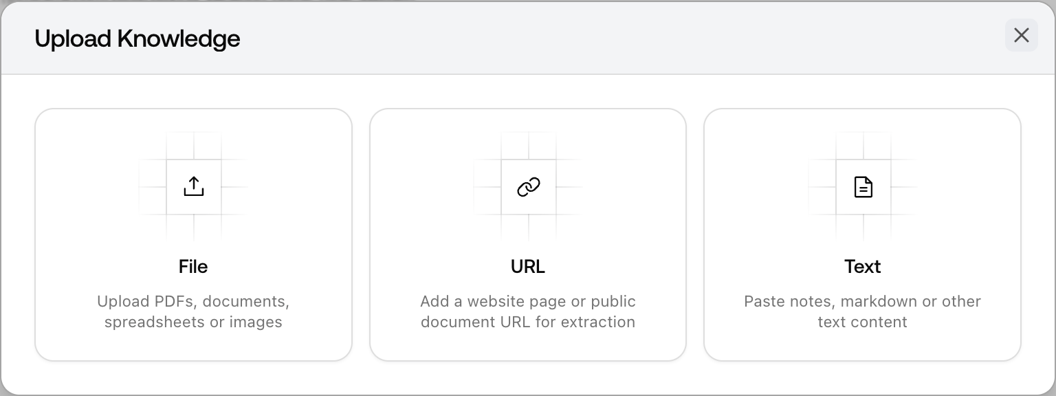 The Promptwatch Upload Knowledge dialog with File, URL, and Text source type cards.