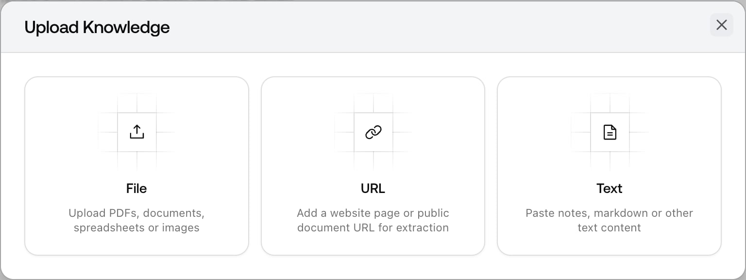 The Promptwatch Upload Knowledge dialog with File, URL, and Text source type cards.