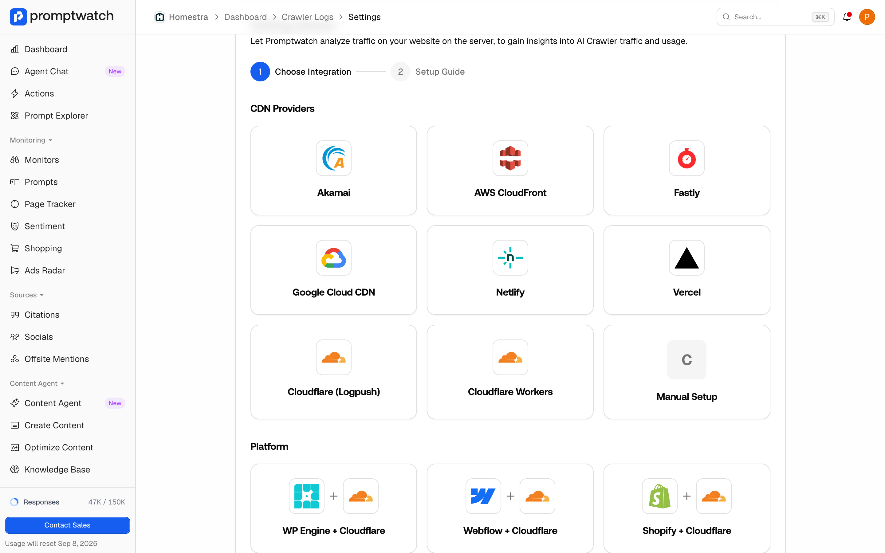 The Promptwatch crawler log integration picker listing CDN providers and Cloudflare-backed platforms.