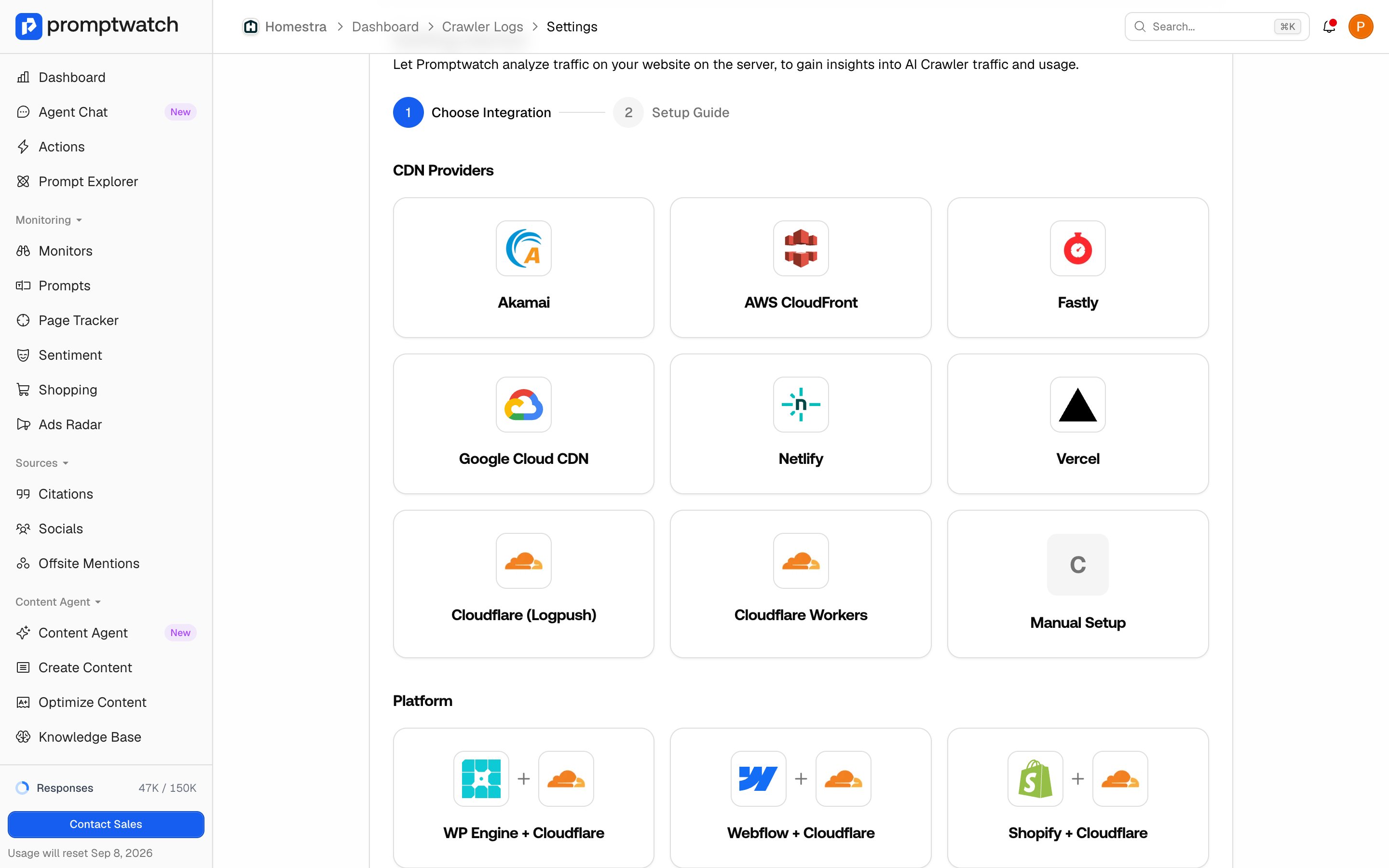 The Promptwatch crawler log integration picker listing CDN providers and Cloudflare-backed platforms.