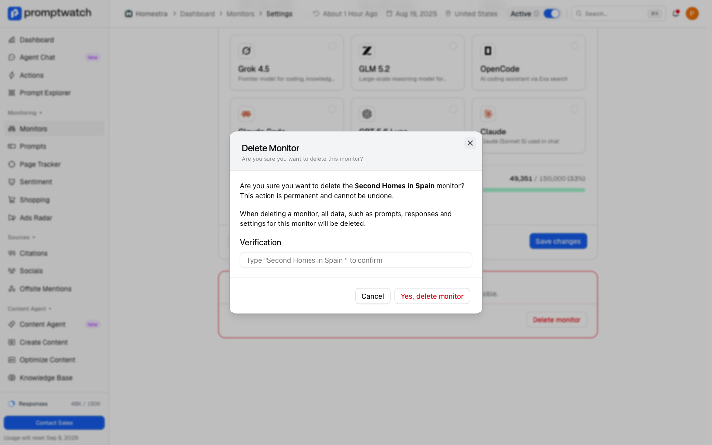 The Delete Monitor confirmation dialog in Promptwatch, asking you to type the monitor's name before it can be deleted.