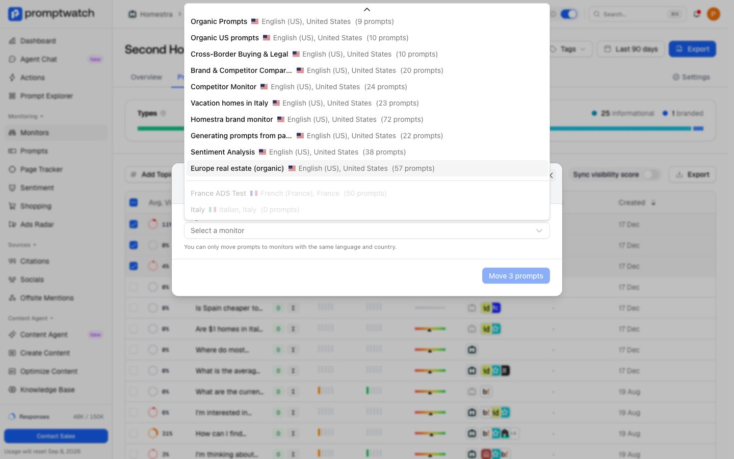 The Promptwatch Move Prompts dialog with the Target Monitor dropdown open and incompatible monitors grayed out at the bottom.
