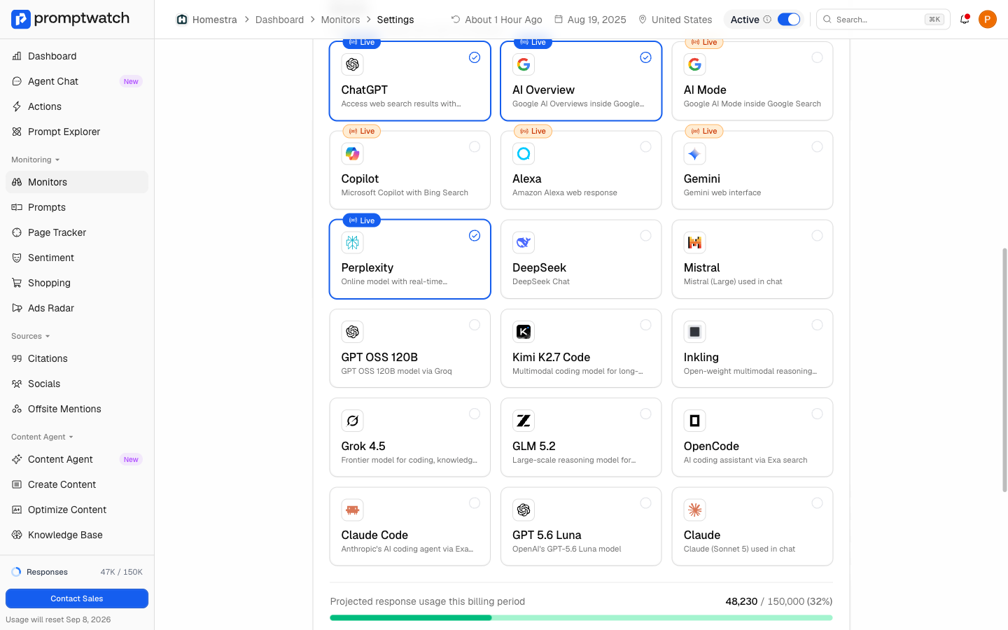 The Promptwatch monitor Settings Models grid, with ChatGPT, AI Overview, and Perplexity selected.