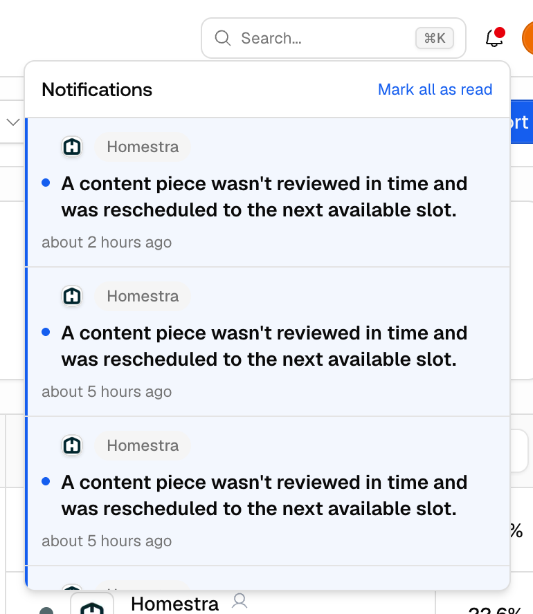 The Promptwatch notification bell popover open, listing unread Content Agent items for the Homestra project.