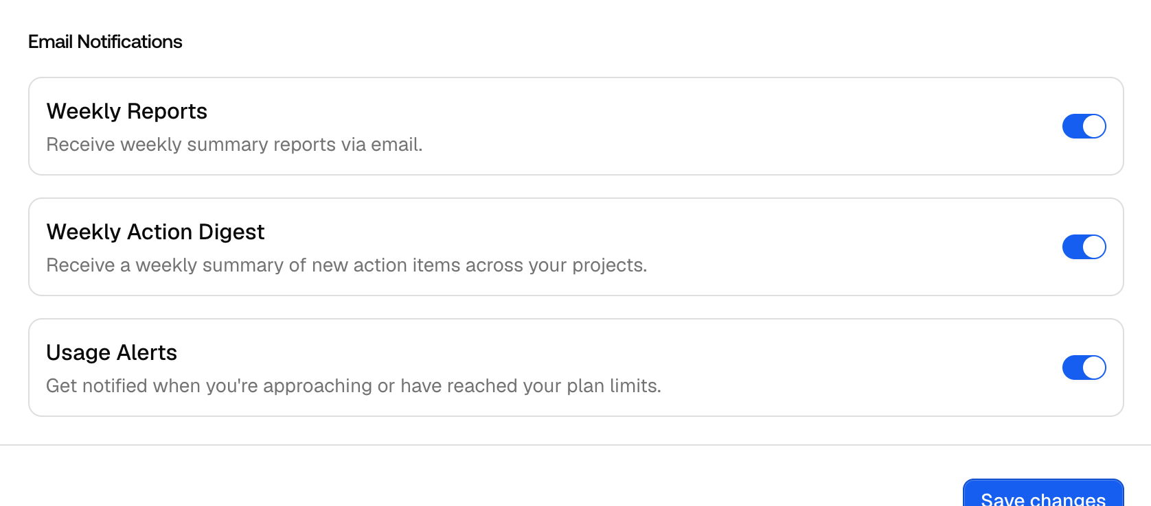 The Promptwatch User Settings Email Notifications section with Weekly Reports, Weekly Action Digest, and Usage Alerts toggles.