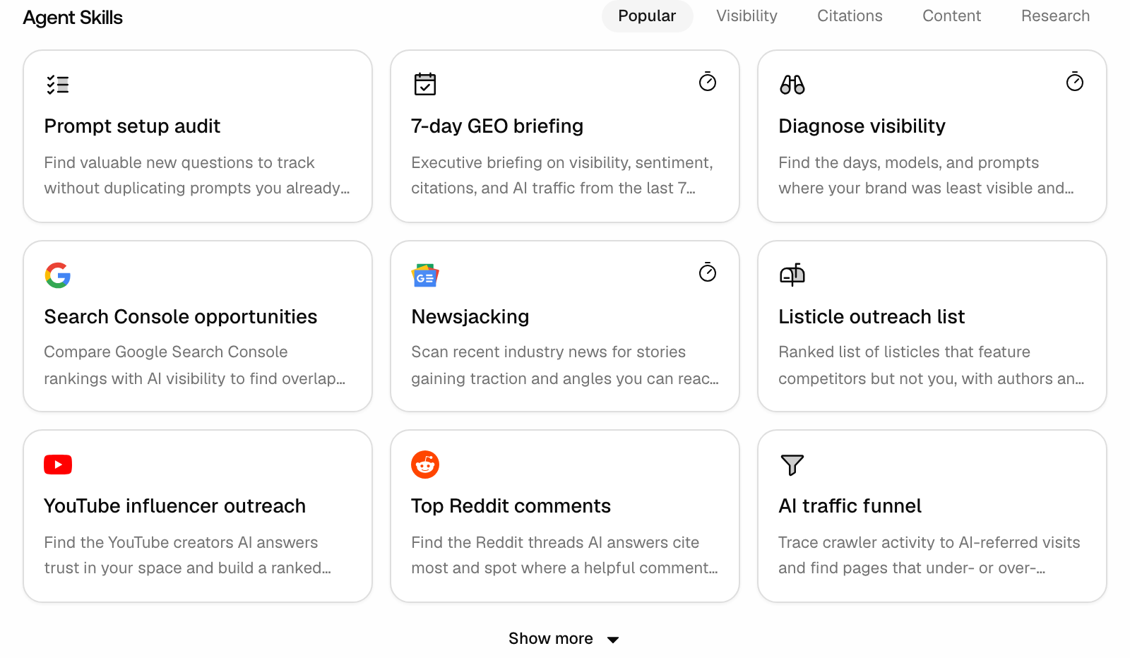 The Promptwatch Agent Chat Agent Skills grid with the Popular, Visibility, Citations, Content and Research tabs, nine skill cards such as 7-day GEO briefing and Newsjacking, some with a timer icon, and a Show more button.