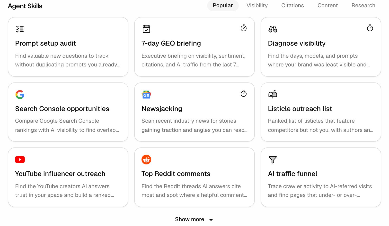 The Promptwatch Agent Chat Agent Skills grid with the Popular, Visibility, Citations, Content and Research tabs, nine skill cards such as 7-day GEO briefing and Newsjacking, some with a timer icon, and a Show more button.