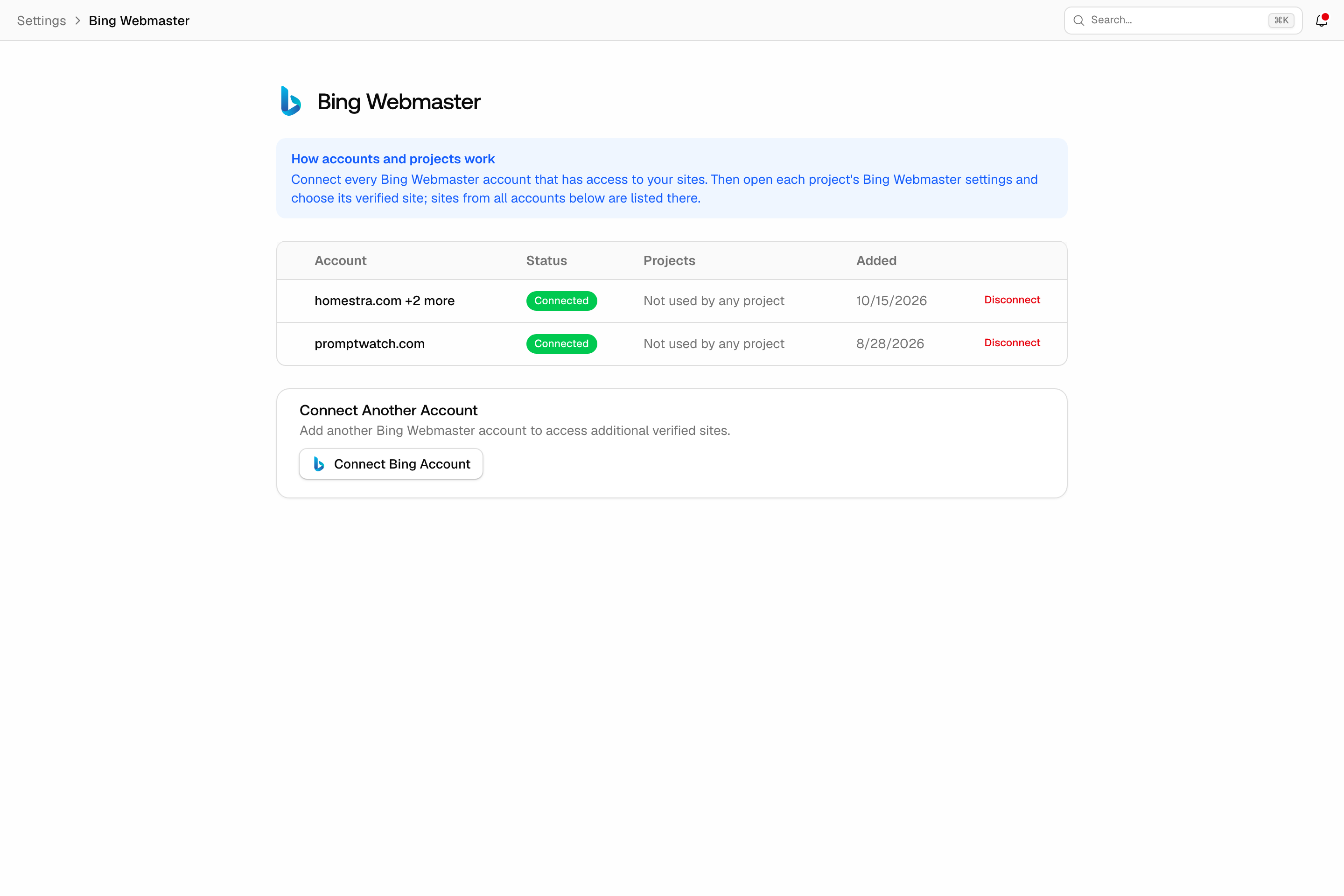 The Promptwatch organization Settings Bing Webmaster page, with two connected accounts and a Connect Another Account card.