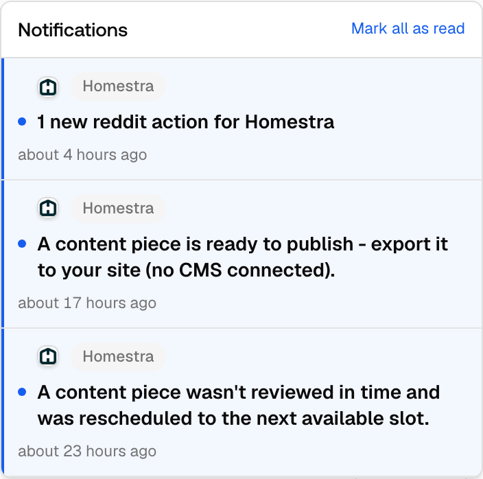 The Promptwatch notification bell popover open, listing unread action and Content Agent items for the Homestra project.