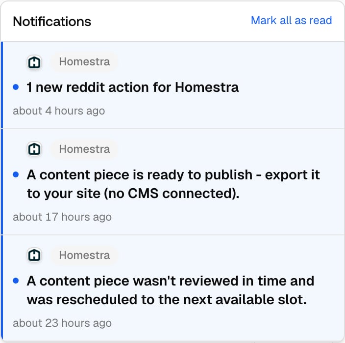 The Promptwatch notification bell popover open, listing unread action and Content Agent items for the Homestra project.
