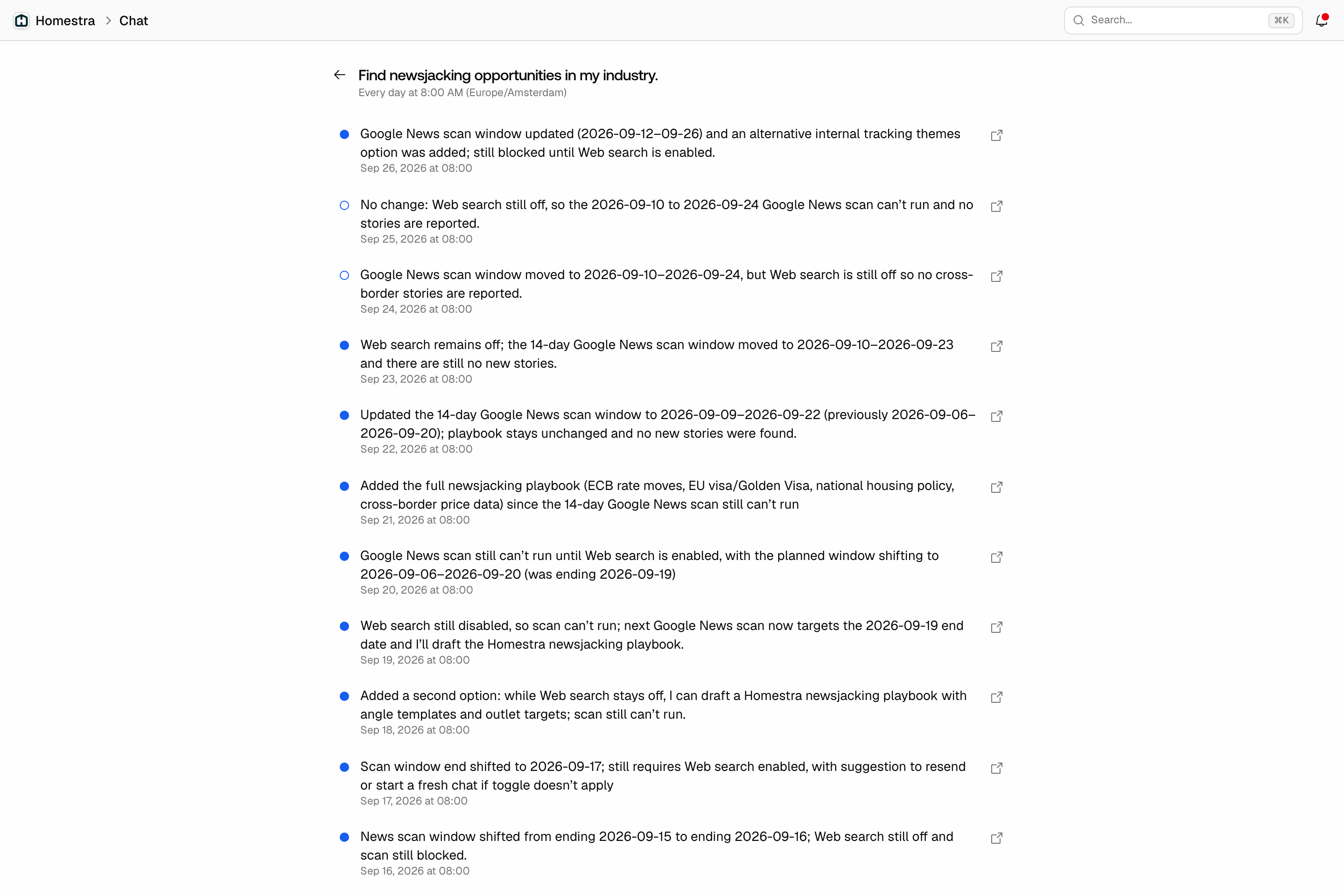 The Promptwatch run history of the schedule Find newsjacking opportunities in my industry, with a back arrow, its daily cadence and a list of runs newest first, each with a filled or hollow dot, a one-line summary and a date.
