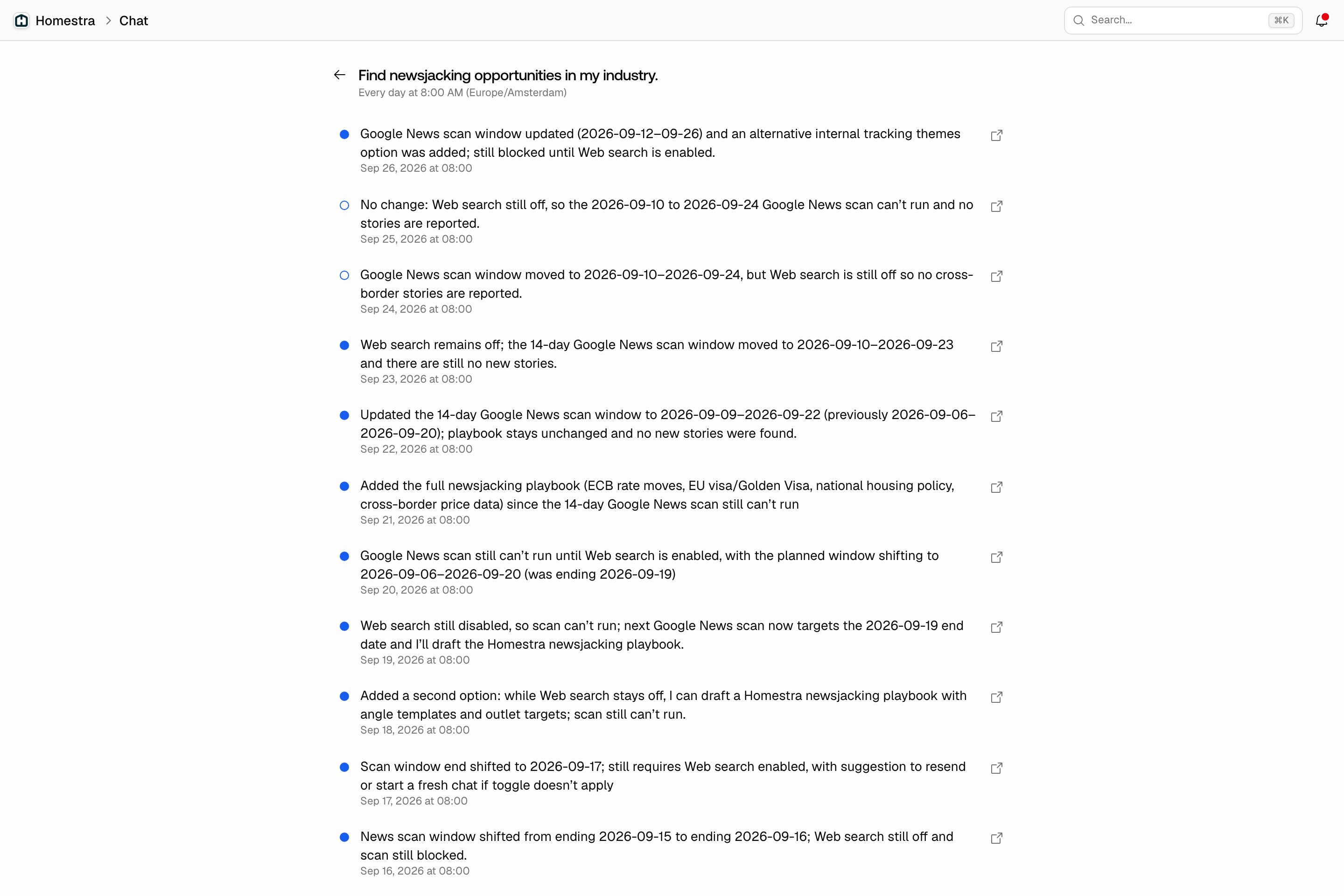 The Promptwatch run history of the schedule Find newsjacking opportunities in my industry, with a back arrow, its daily cadence and a list of runs newest first, each with a filled or hollow dot, a one-line summary and a date.
