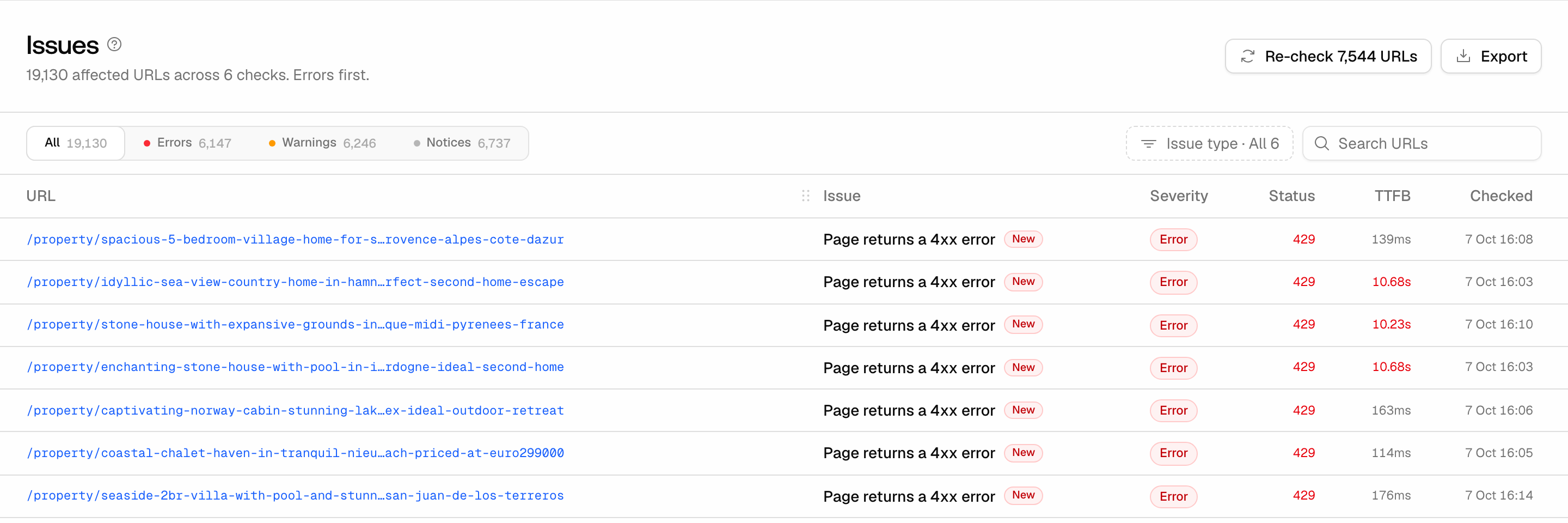 The Promptwatch Health page Issues section with its Re-check and Export buttons, the All, Errors, Warnings and Notices tabs, the Issue type and Search URLs filters, and a table of URLs with the issue, severity, status, TTFB and check time, several marked New.