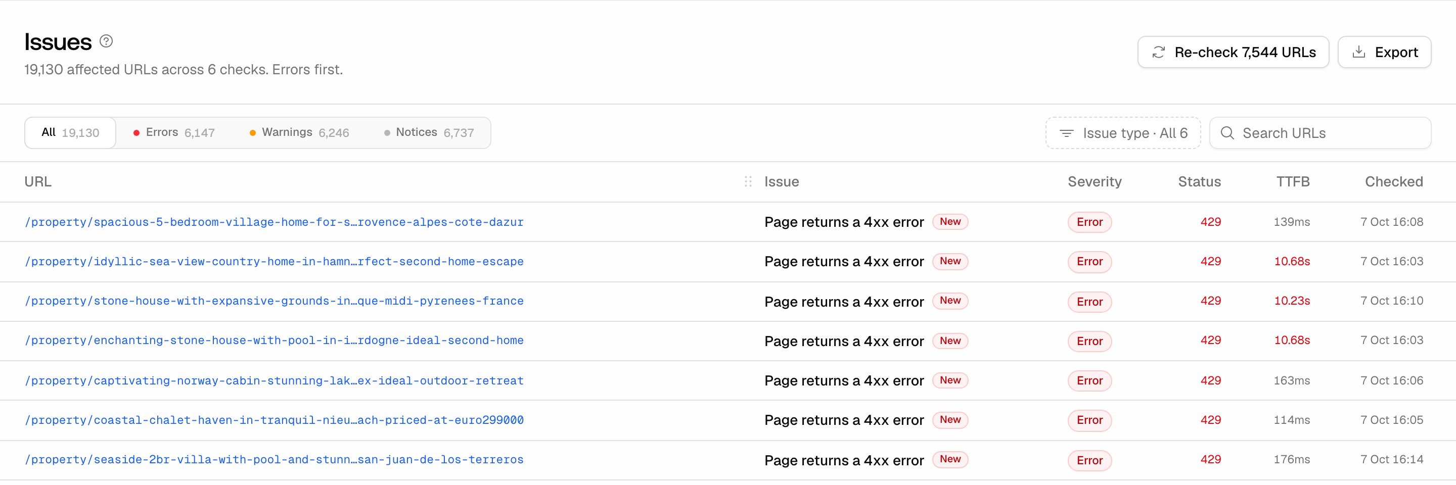 The Promptwatch Health page Issues section with its Re-check and Export buttons, the All, Errors, Warnings and Notices tabs, the Issue type and Search URLs filters, and a table of URLs with the issue, severity, status, TTFB and check time, several marked New.