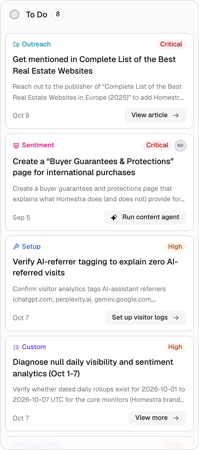 The To Do column on the Promptwatch Actions board, with cards whose footers carry call-to-action buttons: View article, Run content agent, Set up visitor logs and View more.