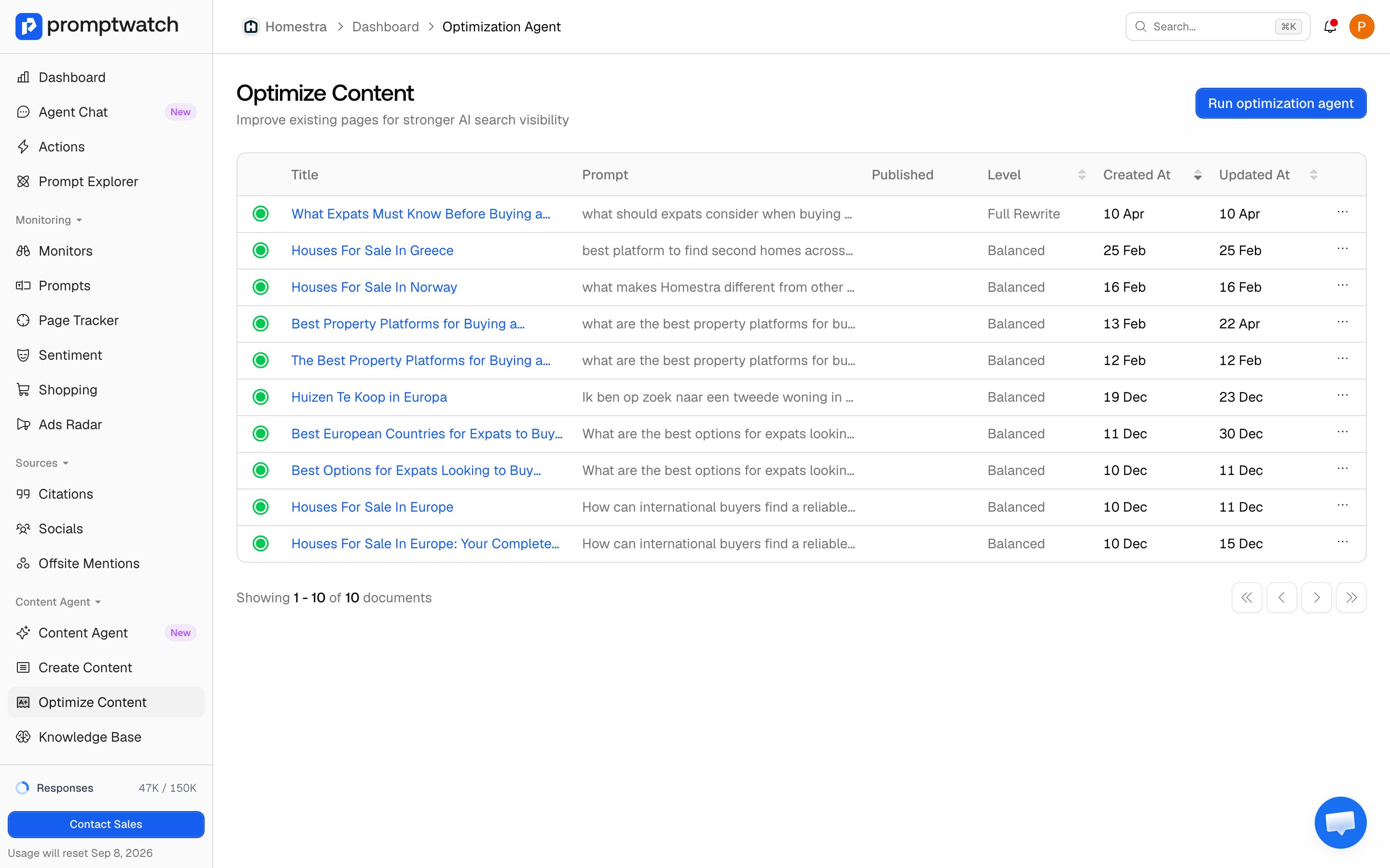 The Promptwatch Optimize Content page with the document list and the Run optimization agent button.