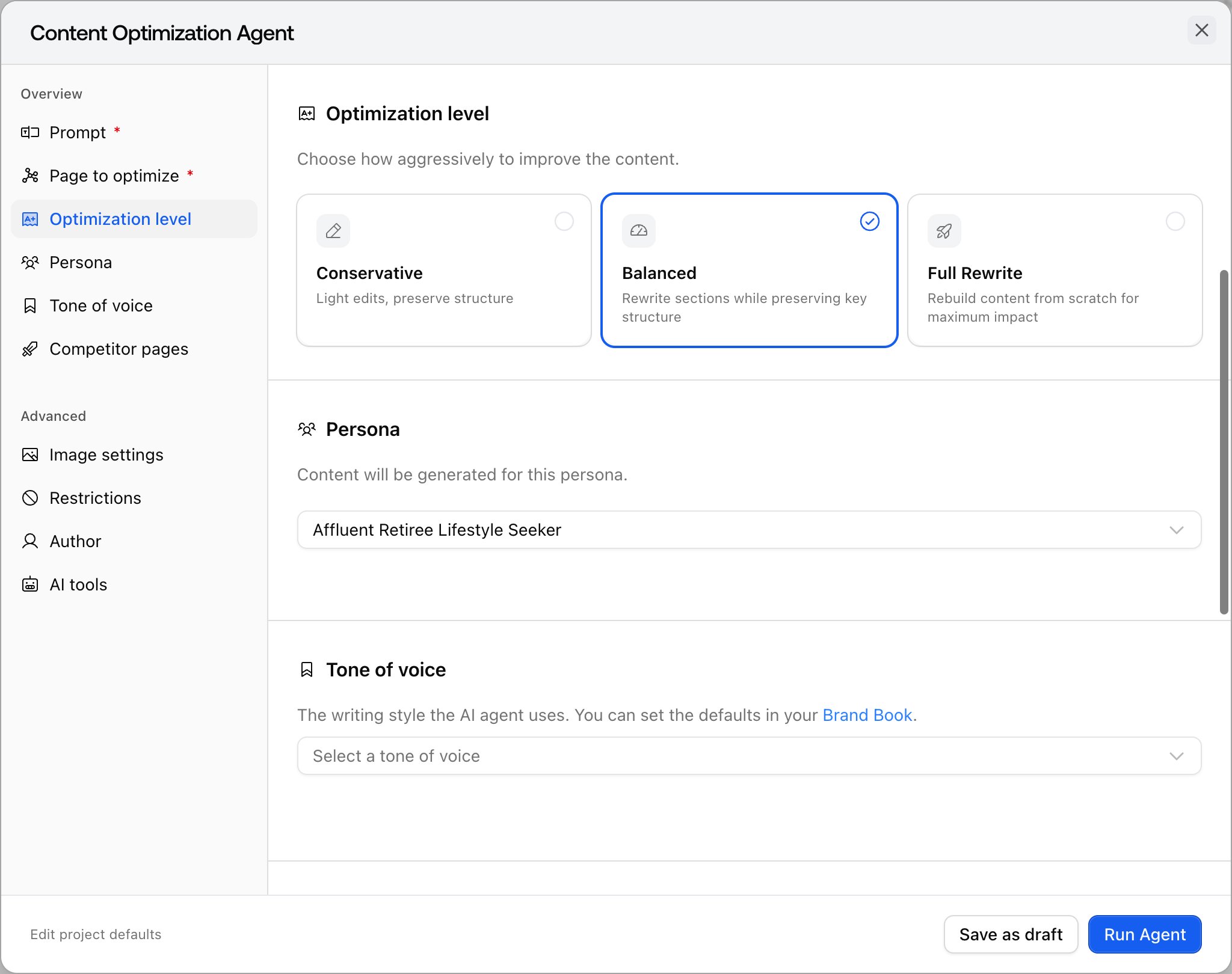 The Promptwatch Content Optimization Agent dialog showing Conservative, Balanced, and Full Rewrite cards, with Competitor pages in the sidebar.