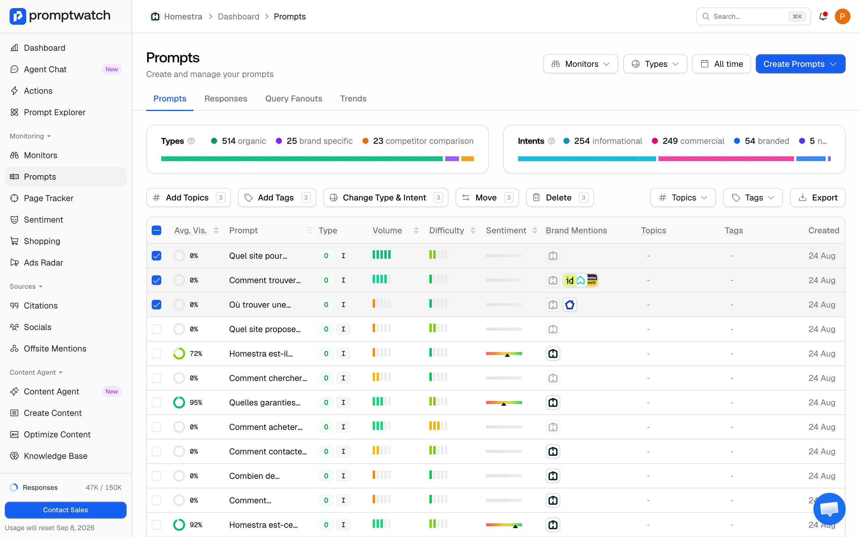The Promptwatch Prompts table with rows selected and the Add Topics and Add Tags bulk action buttons visible.