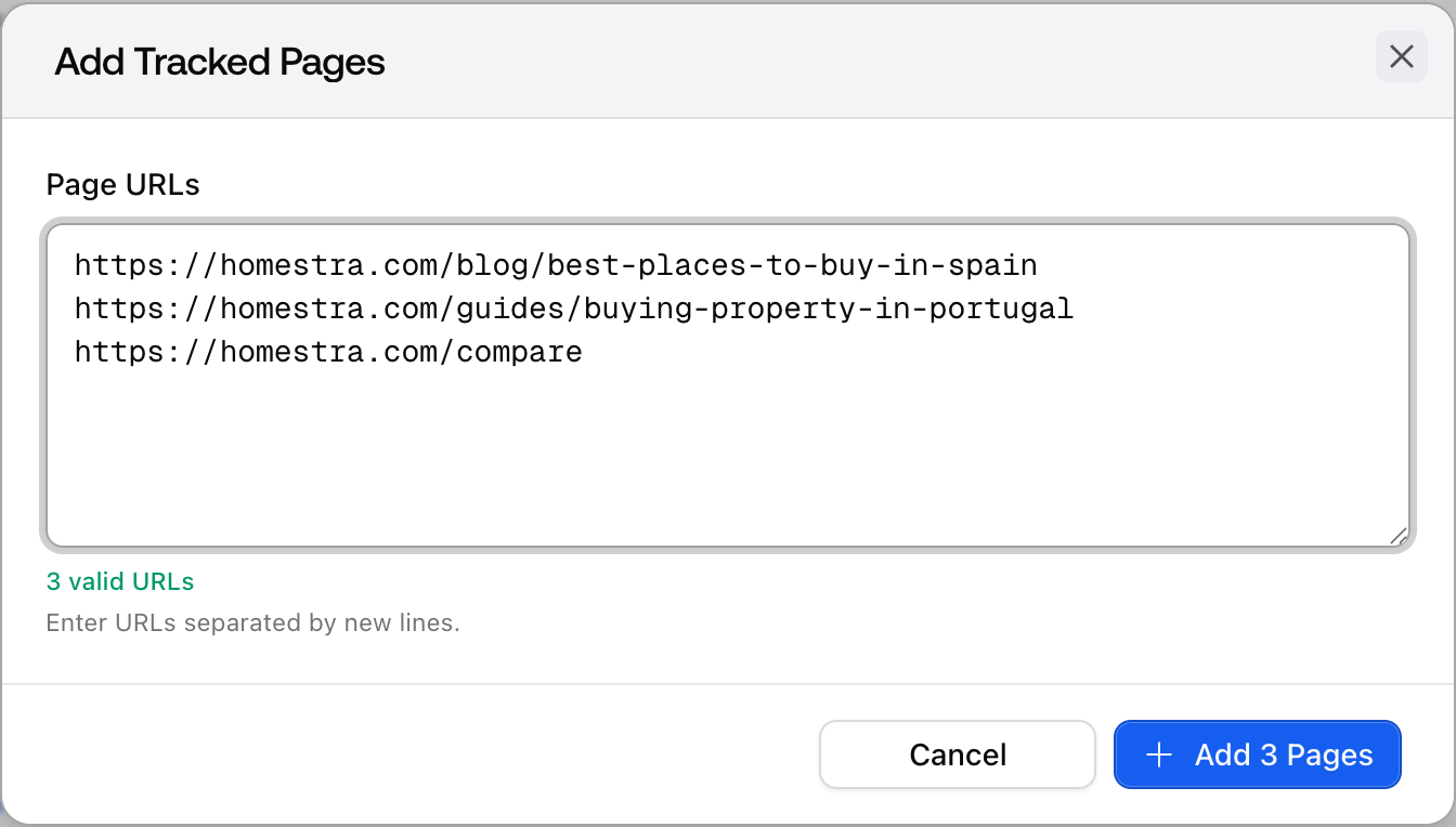 The Promptwatch Add Tracked Pages dialog with several URLs pasted into the textarea and marked valid.