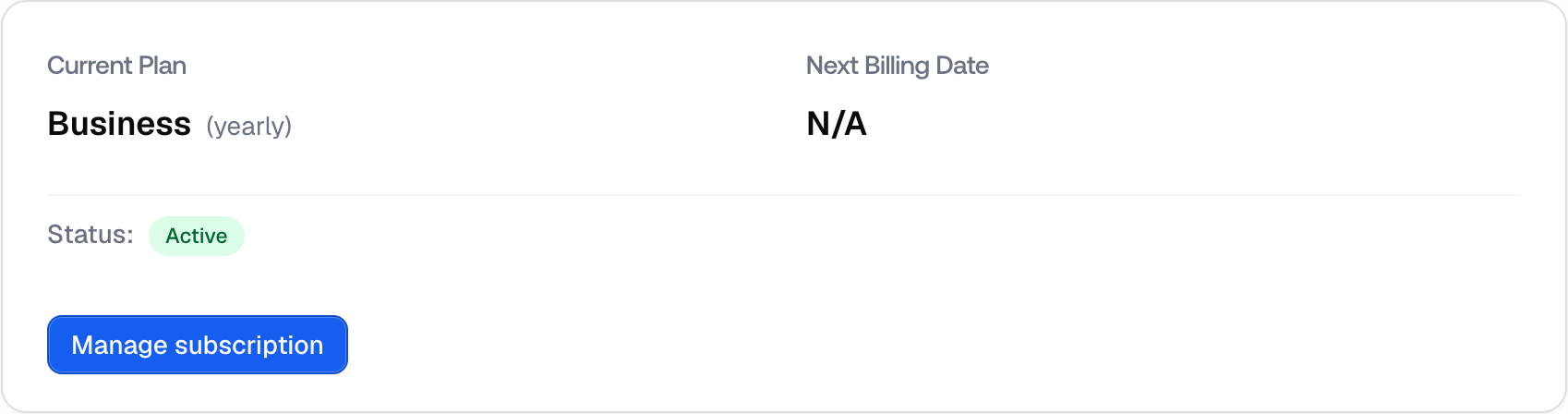 The Promptwatch Billing page showing the current plan, yearly billing frequency, and Active status.