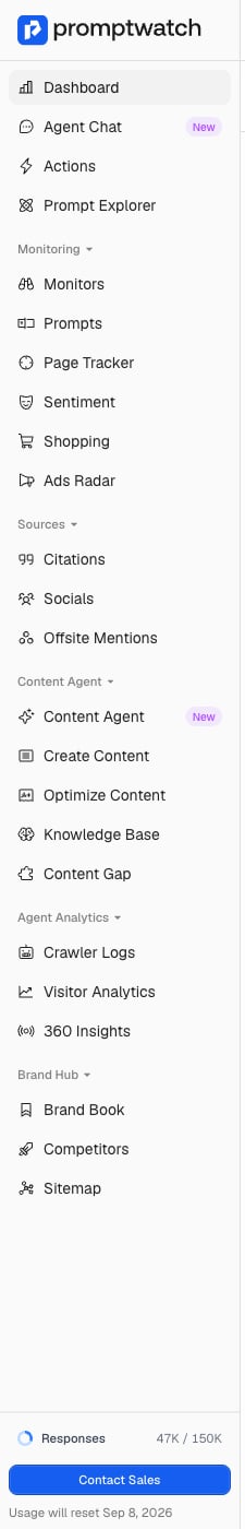 The full Promptwatch sidebar with the Monitoring, Sources, Content Agent, Agent Analytics, and Brand Hub groups expanded.