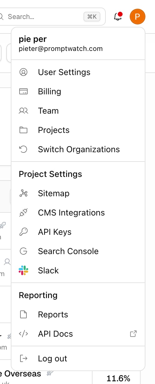 The Promptwatch account menu open from the top-right avatar, listing User Settings, Billing, Team, and other settings links.