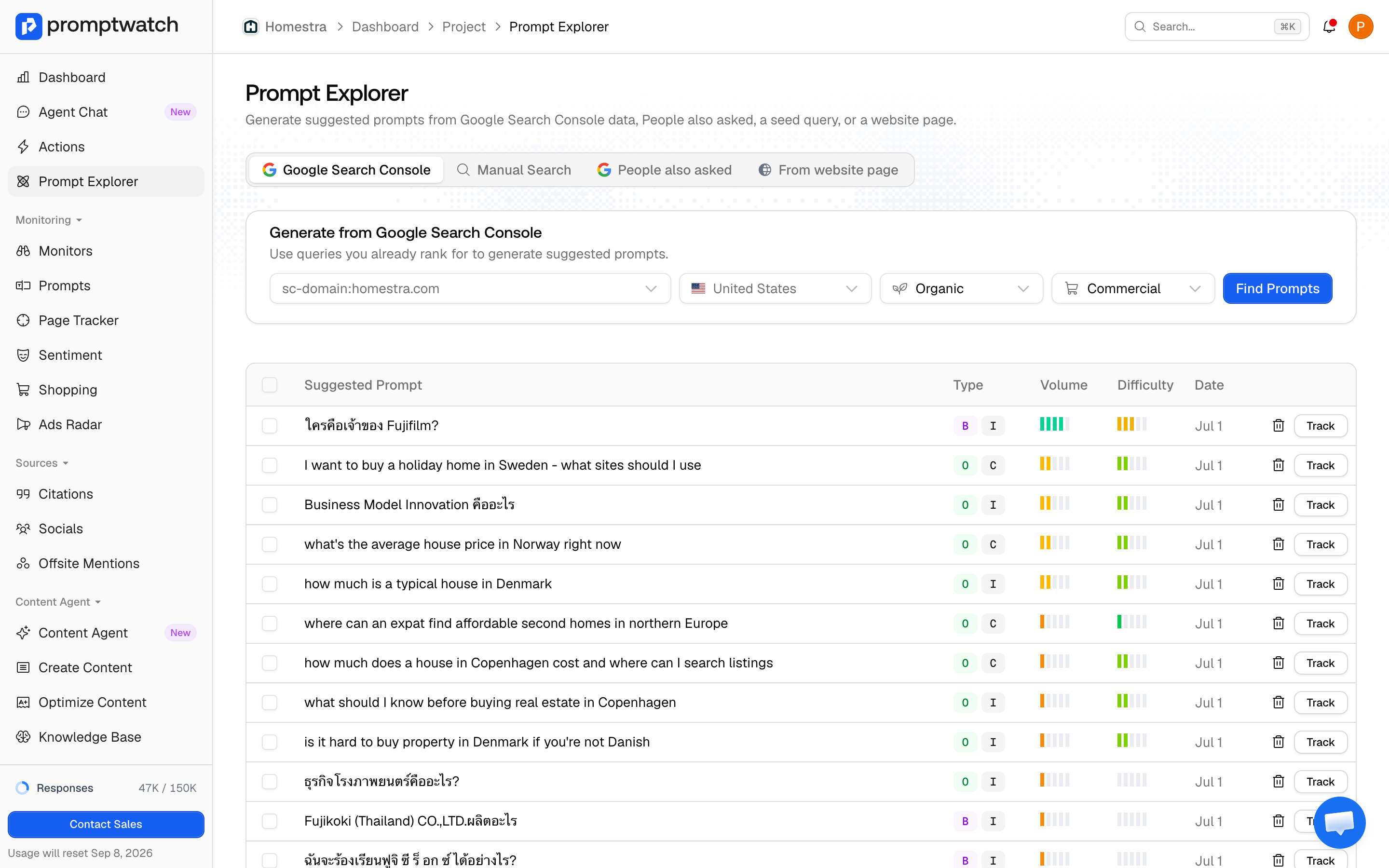 The Promptwatch Prompt Explorer with source tabs and a suggestions table of generated prompts.