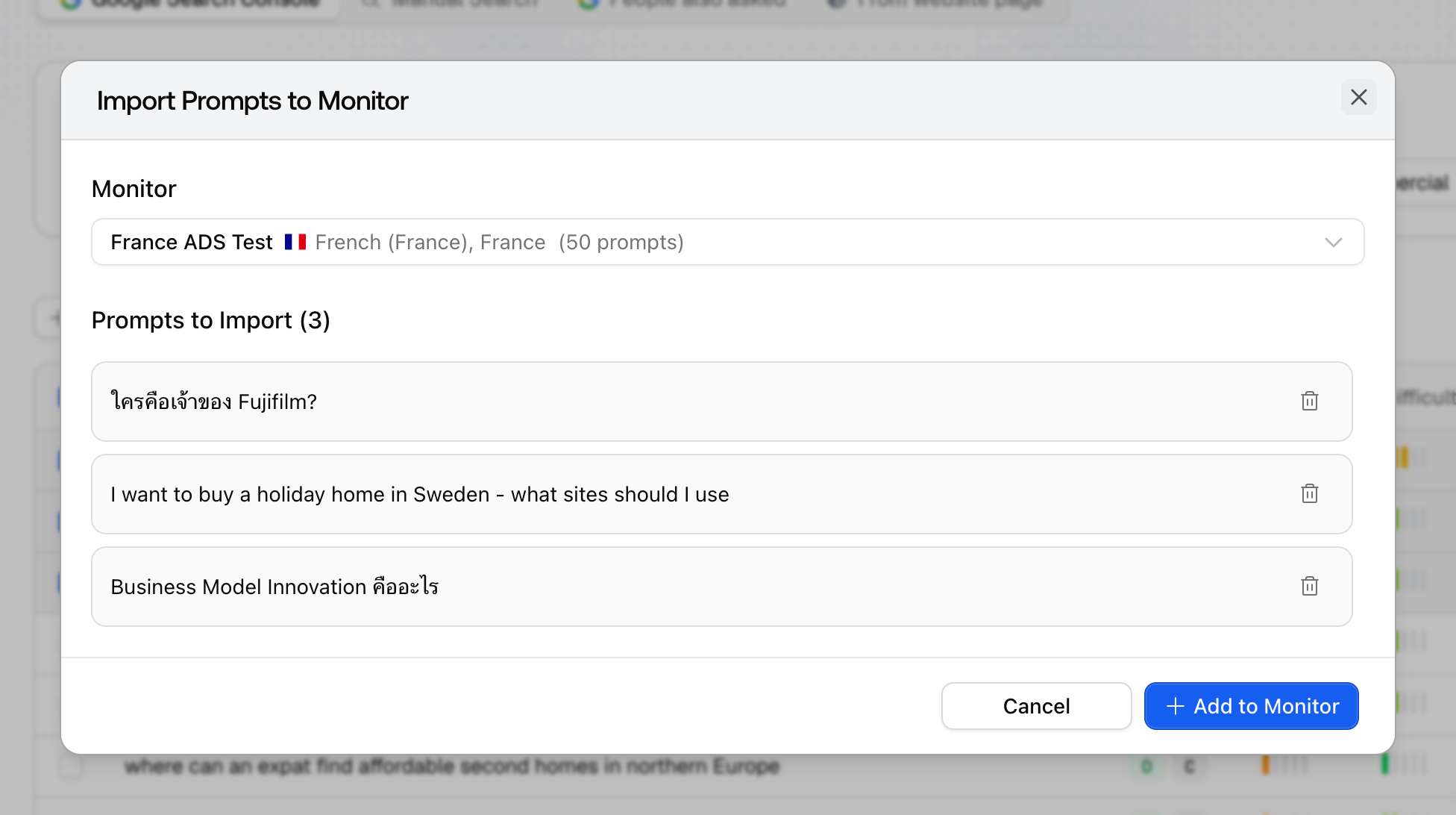 The Promptwatch Add to Monitor dialog listing selected Prompt Explorer suggestions before import.