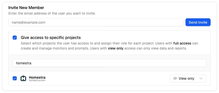 The Promptwatch invite form with Give access to specific projects checked and a per-project View only selector.