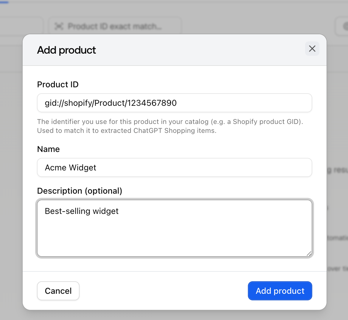 The Promptwatch Add product dialog with the Product ID, Name, and optional Description fields for tracking a catalog item.