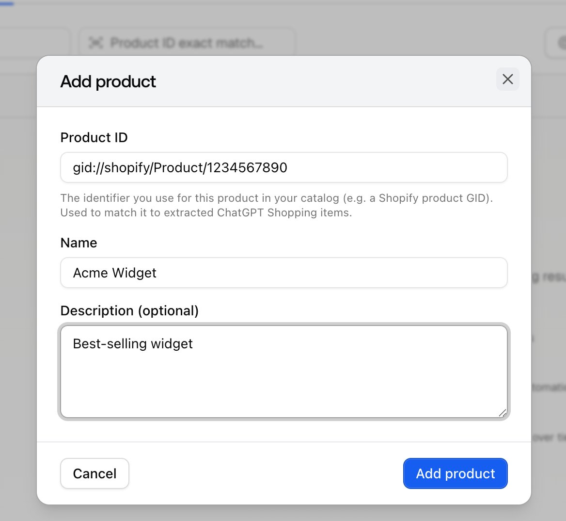 The Promptwatch Add product dialog with the Product ID, Name, and optional Description fields for tracking a catalog item.