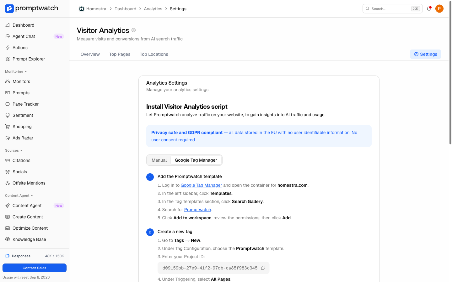 The Google Tag Manager tab of the Promptwatch install flow, with the steps for adding the template and creating a tag with your Project ID.
