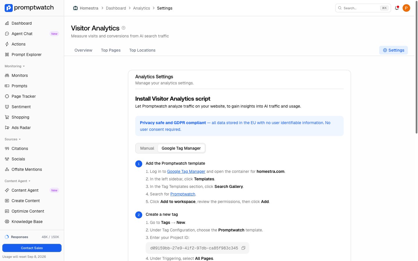 The Google Tag Manager tab of the Promptwatch install flow, with the steps for adding the template and creating a tag with your Project ID.