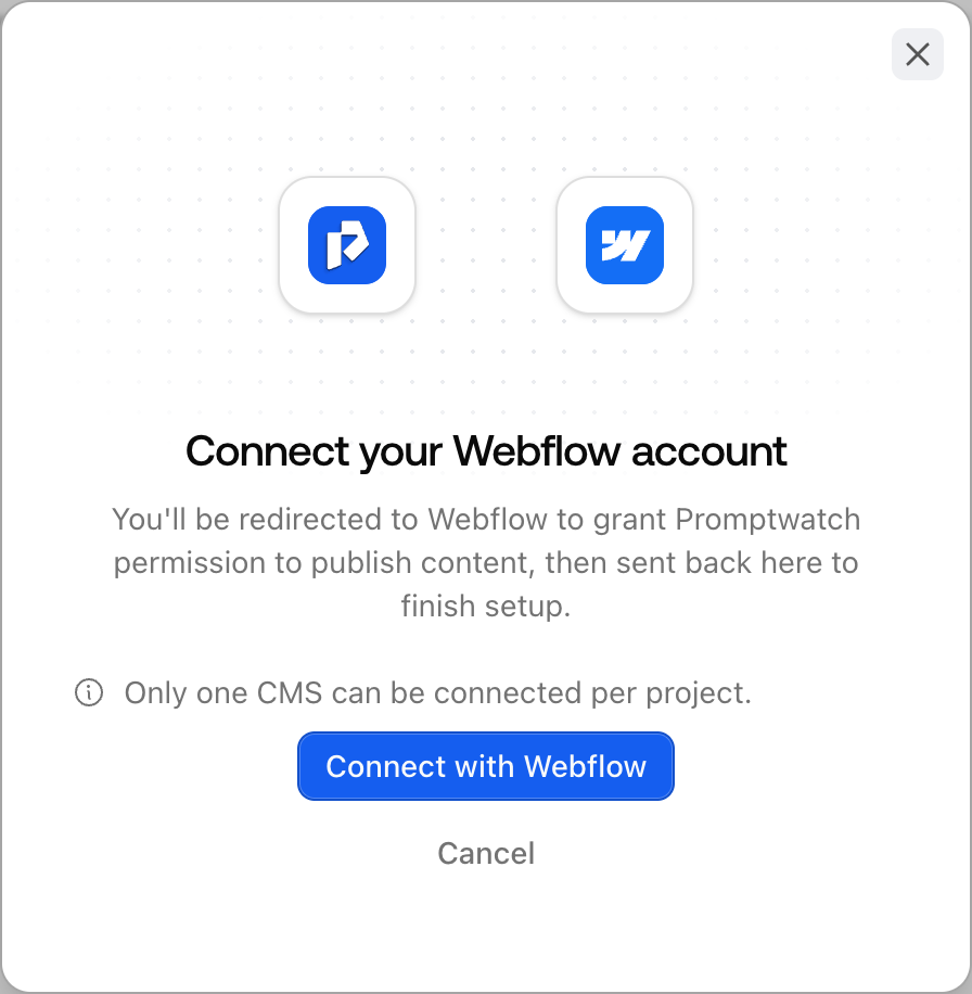 The Promptwatch Connect your Webflow account dialog with the Connect with Webflow button that starts the OAuth authorization.