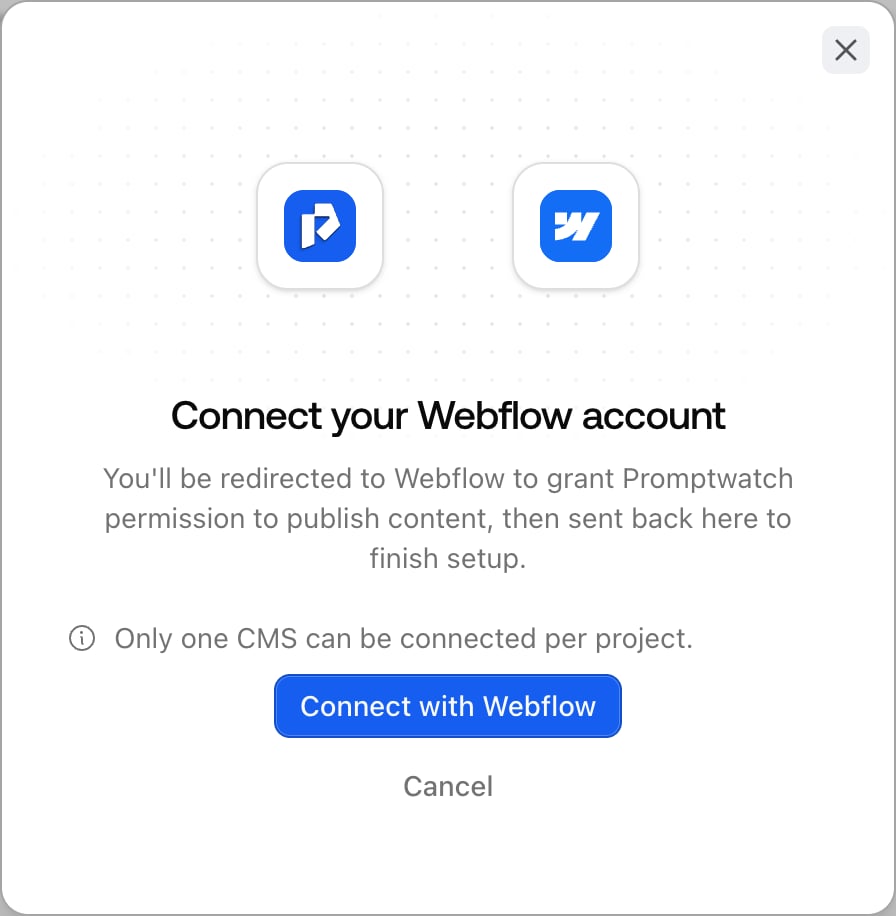 The Promptwatch Connect your Webflow account dialog with the Connect with Webflow button that starts the OAuth authorization.