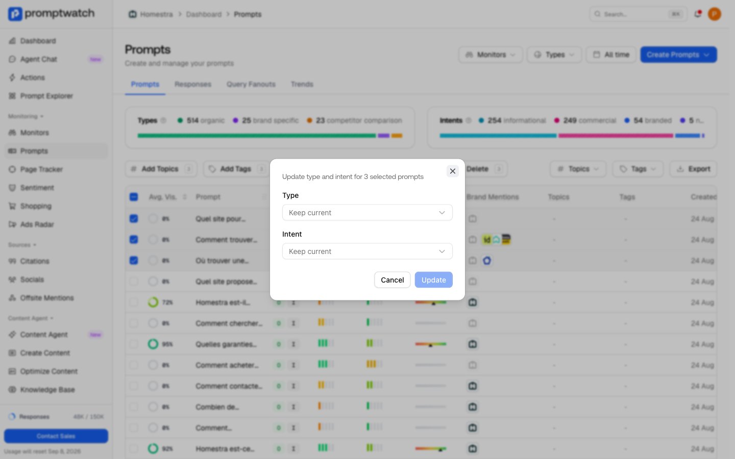 The Promptwatch bulk edit dialog for updating type and intent across three selected prompts in the prompts table.