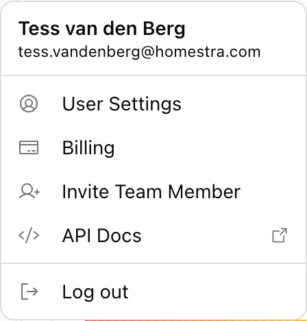 The Promptwatch account menu opened from the avatar at the bottom of the rail, showing the signed-in name and email, User Settings, Billing, Invite Team Member, API Docs and Log out.