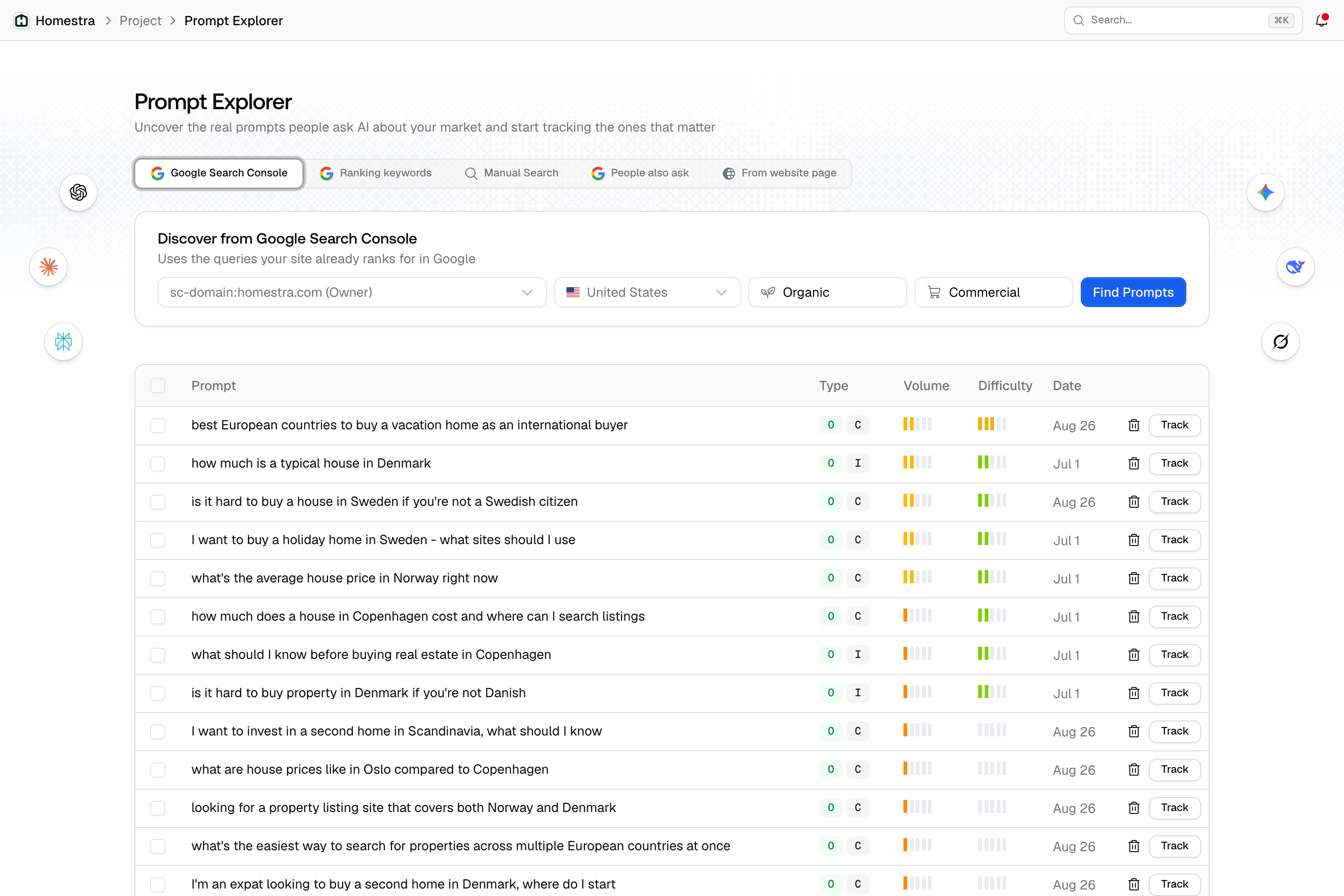 The Promptwatch Prompt Explorer page on the Google Search Console tab, with a suggested prompts table showing prompt, type, volume, difficulty and date.