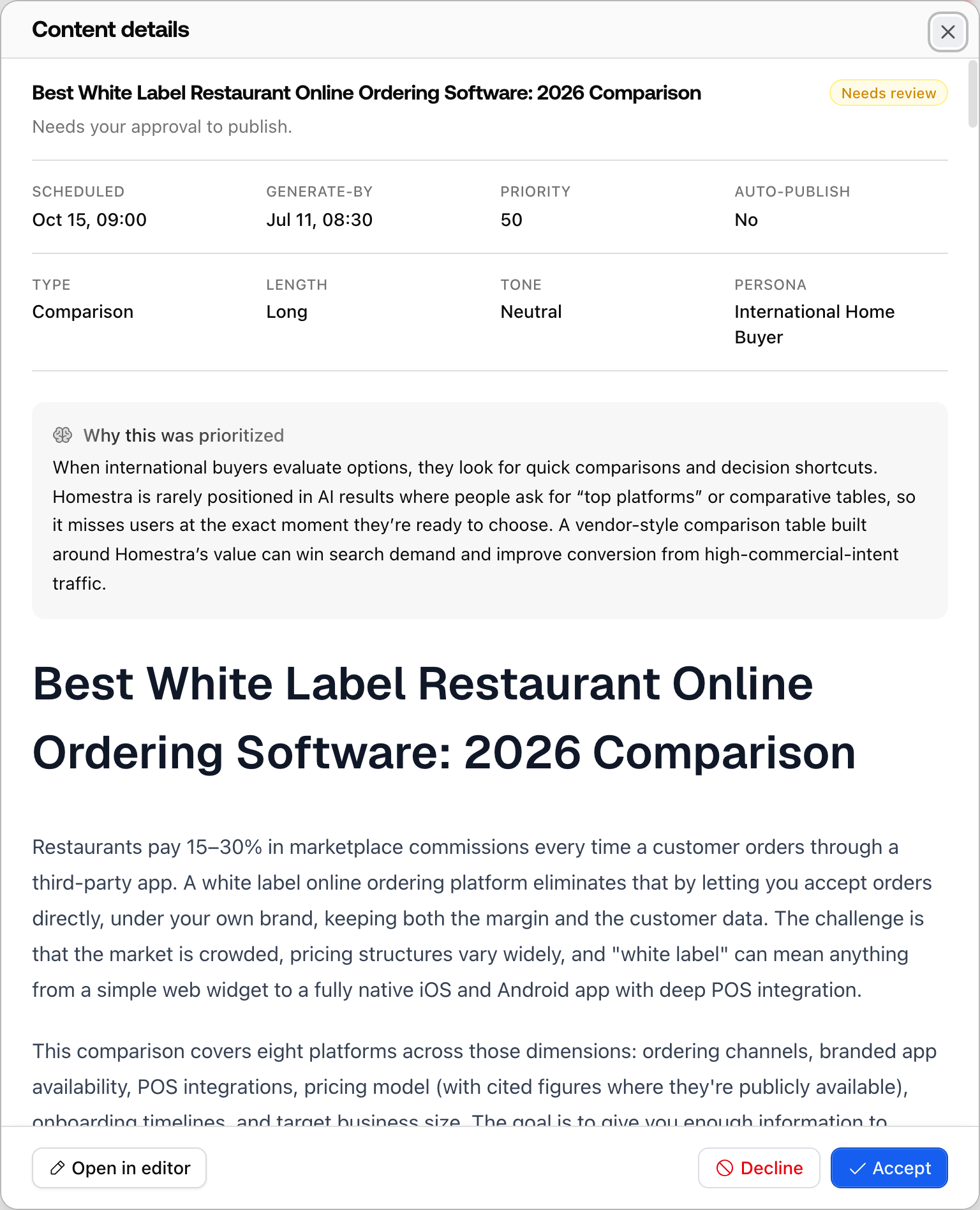 A Promptwatch Content Agent draft sheet in Needs review, with why it was prioritized, the draft preview, and Accept and Decline in the footer.