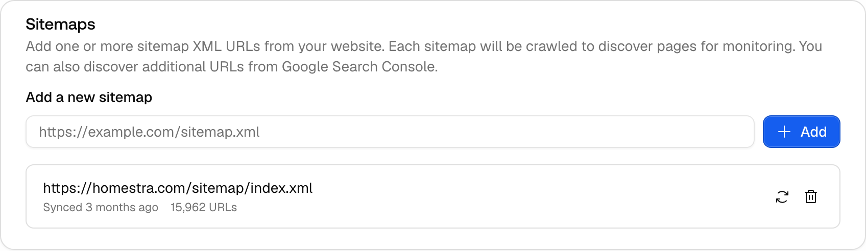 The Sitemaps card in Promptwatch project settings where you paste your sitemap URL and click Add.