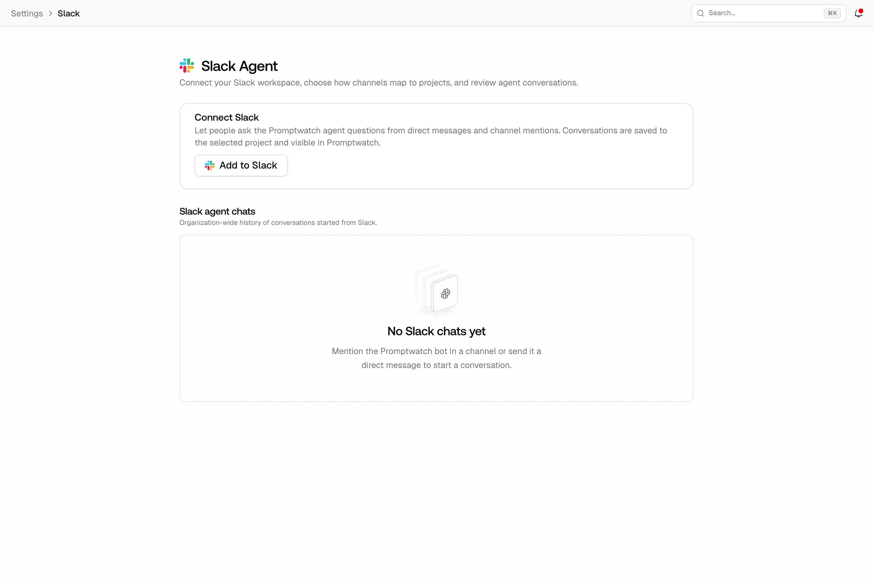The Promptwatch Slack settings page with the connect card, default project, and channel project mappings.