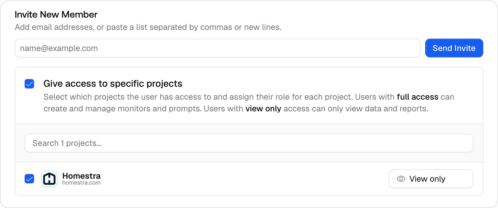 The Promptwatch invite form with Give access to specific projects checked and a per-project View only selector.