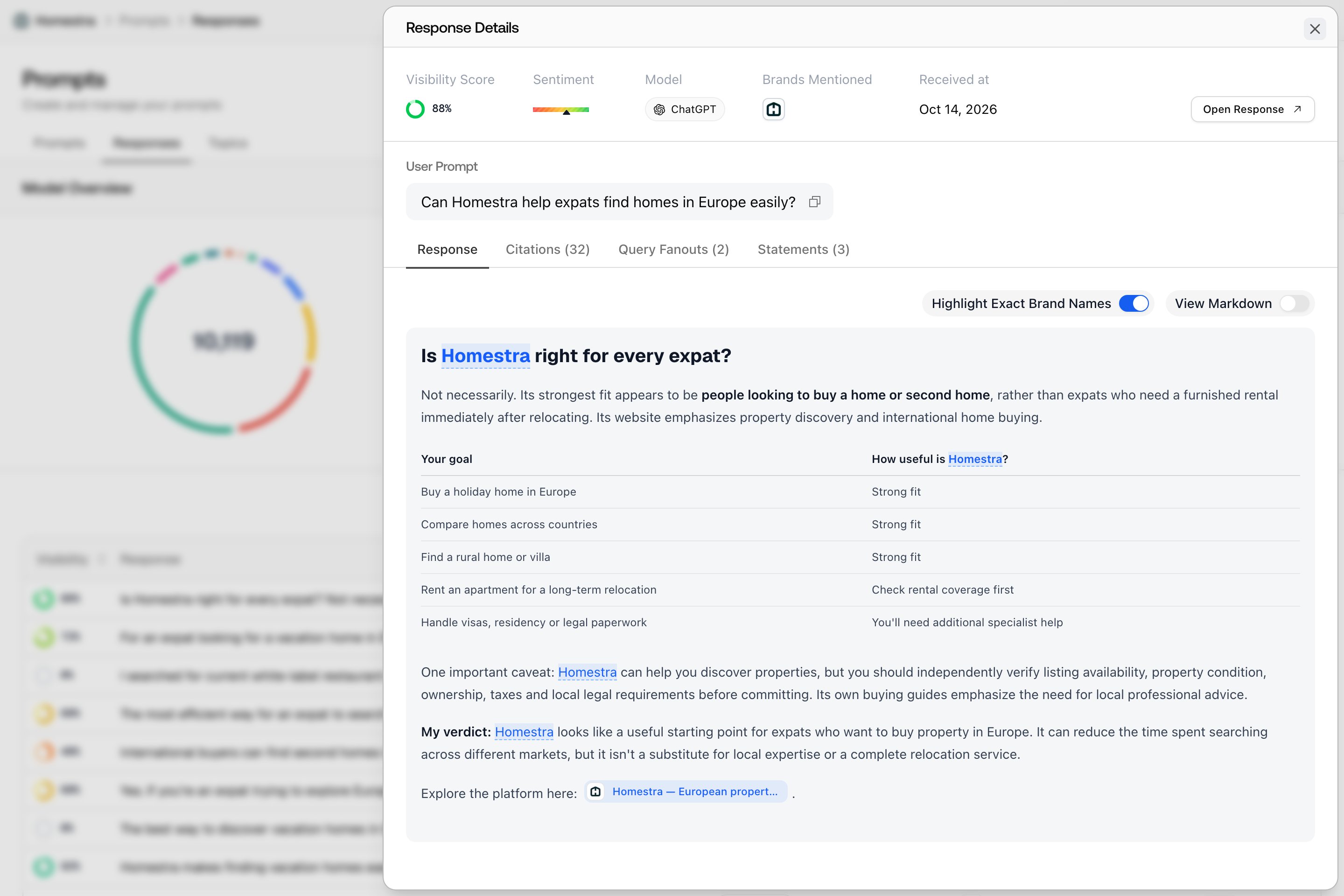 A Promptwatch response sheet showing the full collected answer with brand highlights, extracted scores, and its citations tab.