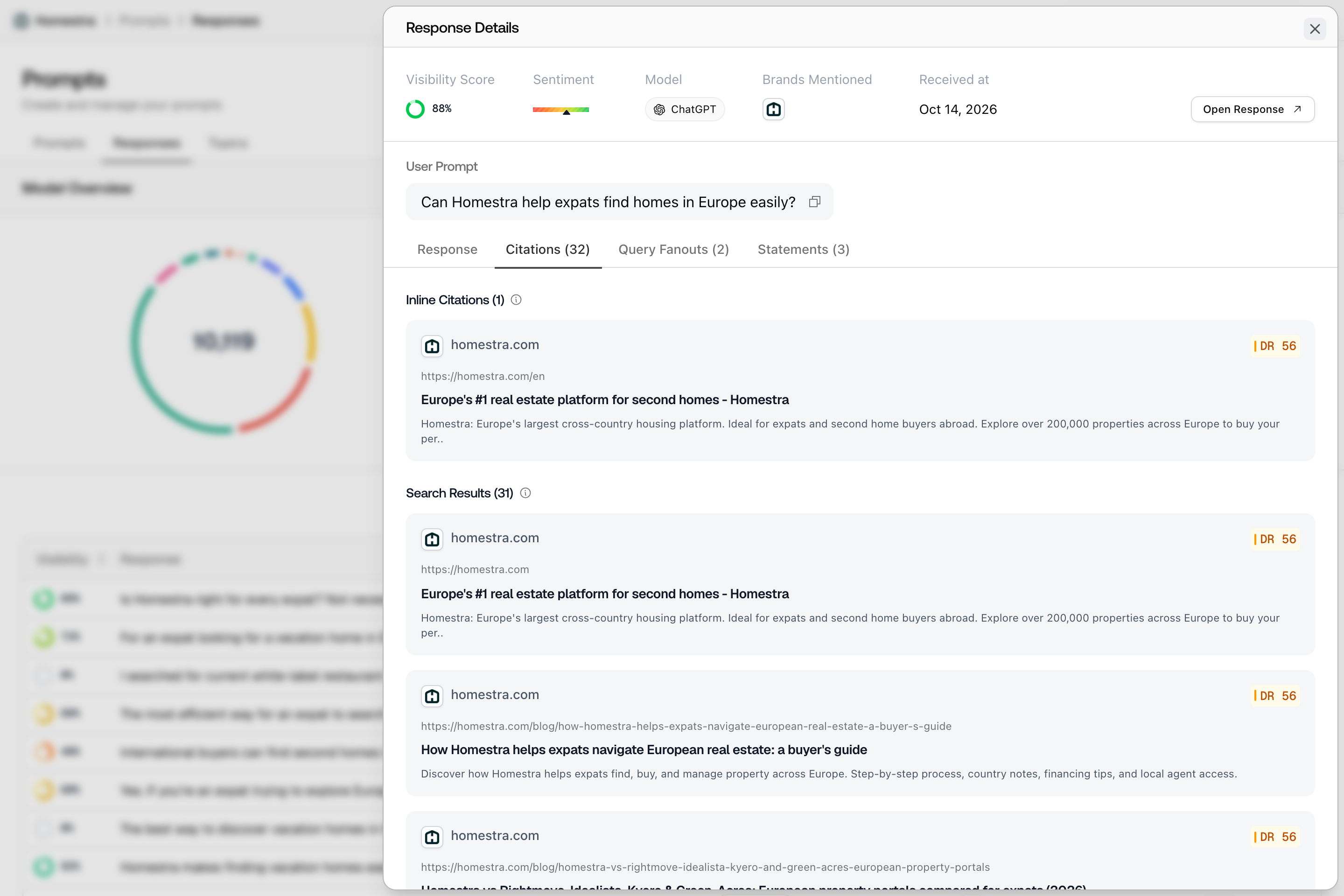 A Promptwatch Response Details sheet open on the Citations tab, with sources grouped under Inline Citations.