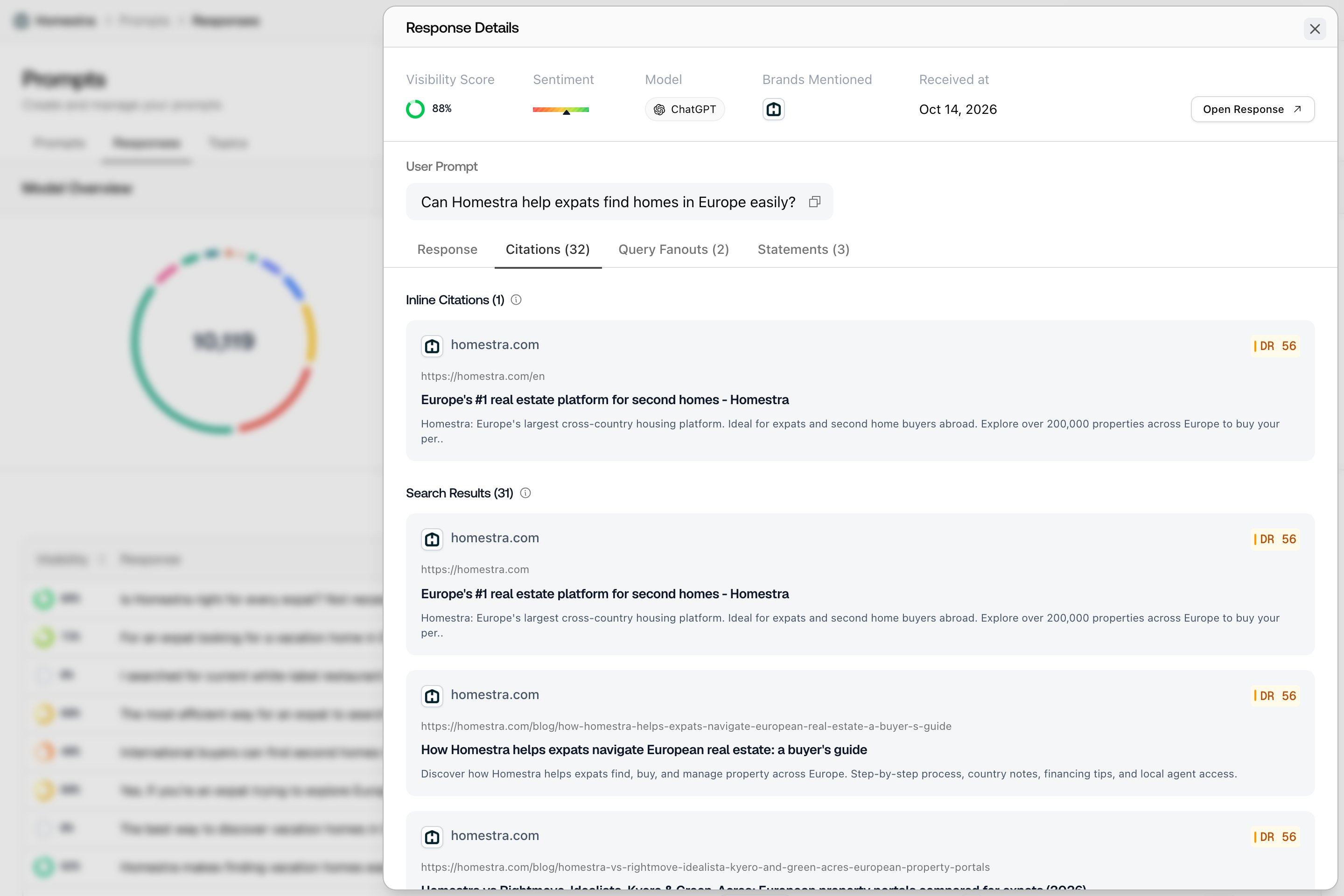 A Promptwatch Response Details sheet open on the Citations tab, with sources grouped under Inline Citations.