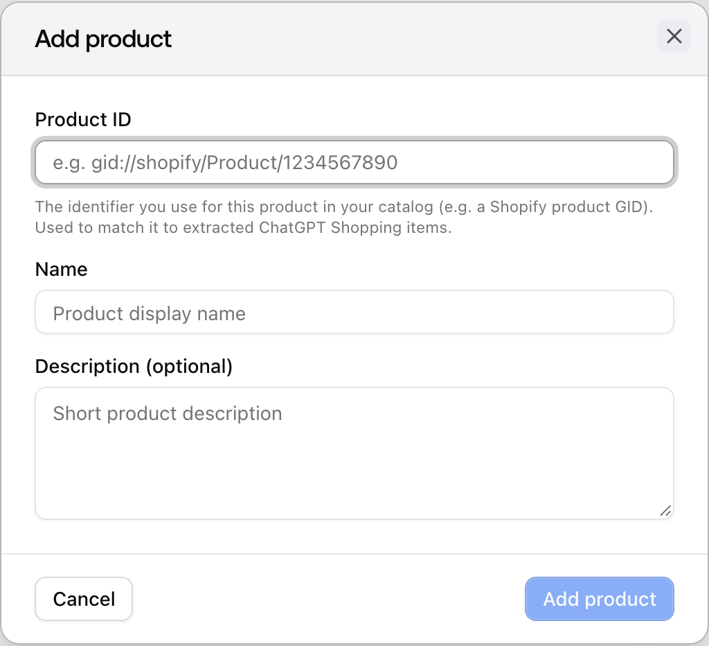 The Promptwatch Add product dialog with the Product ID, Name, and optional Description fields for tracking a catalog item.