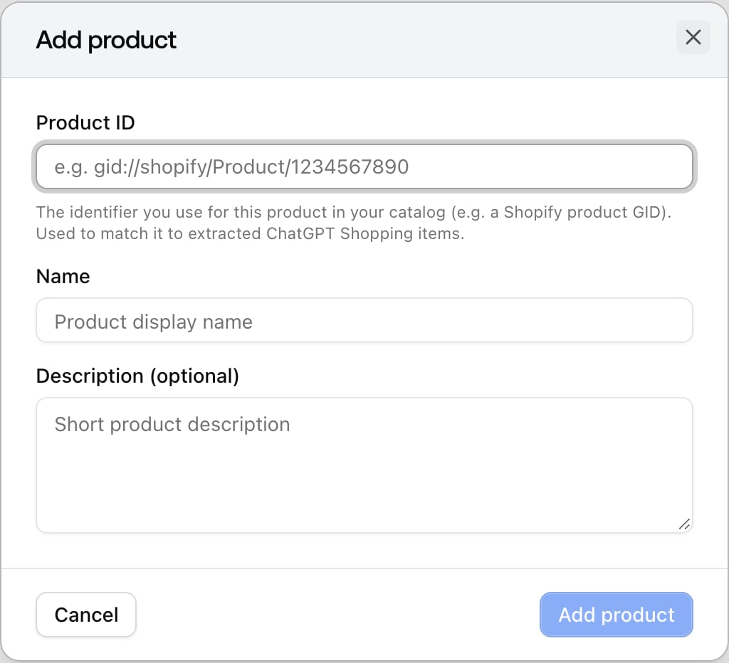 The Promptwatch Add product dialog with the Product ID, Name, and optional Description fields for tracking a catalog item.