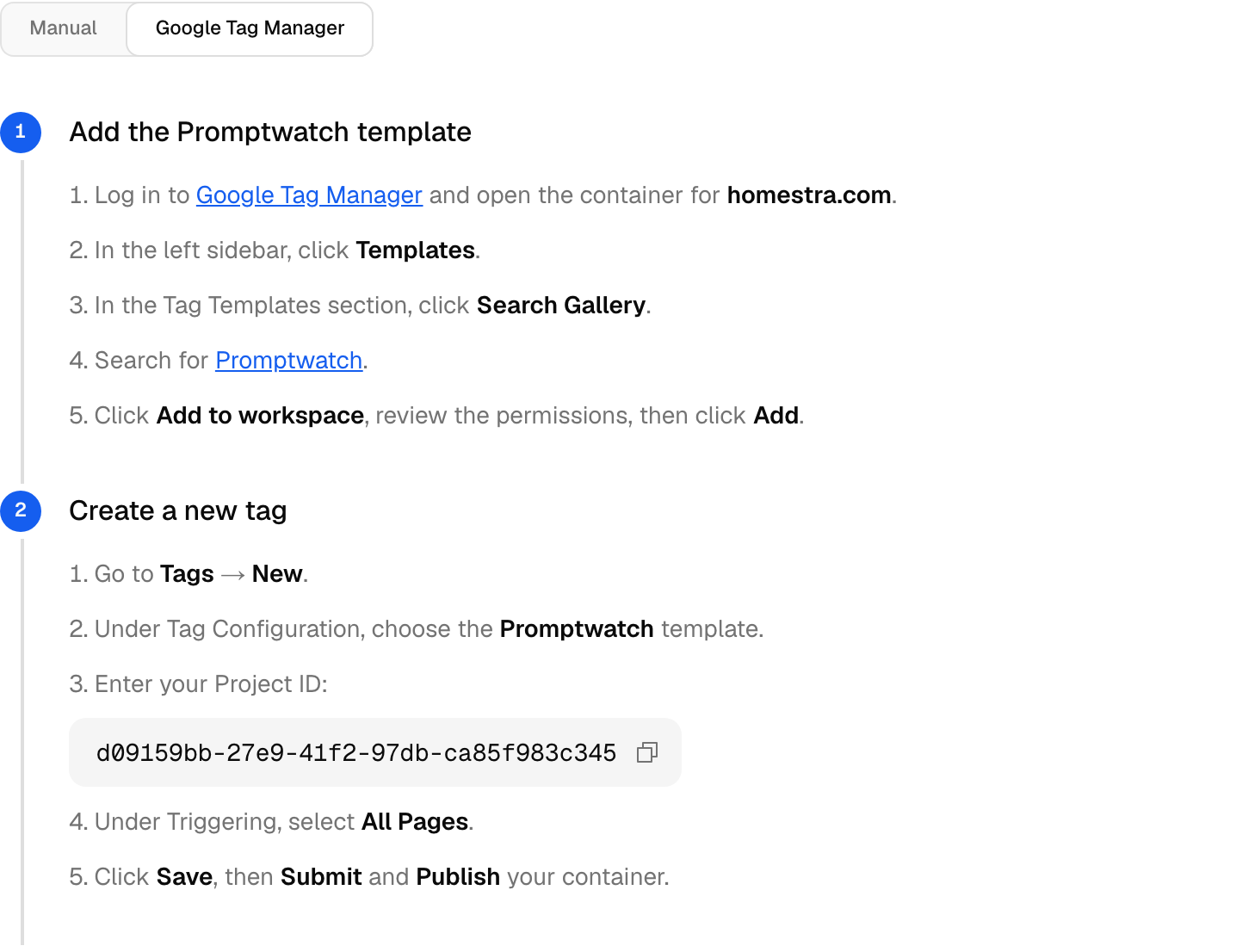The Google Tag Manager tab of the Promptwatch install flow, with the steps for adding the template and creating a tag with your Project ID.