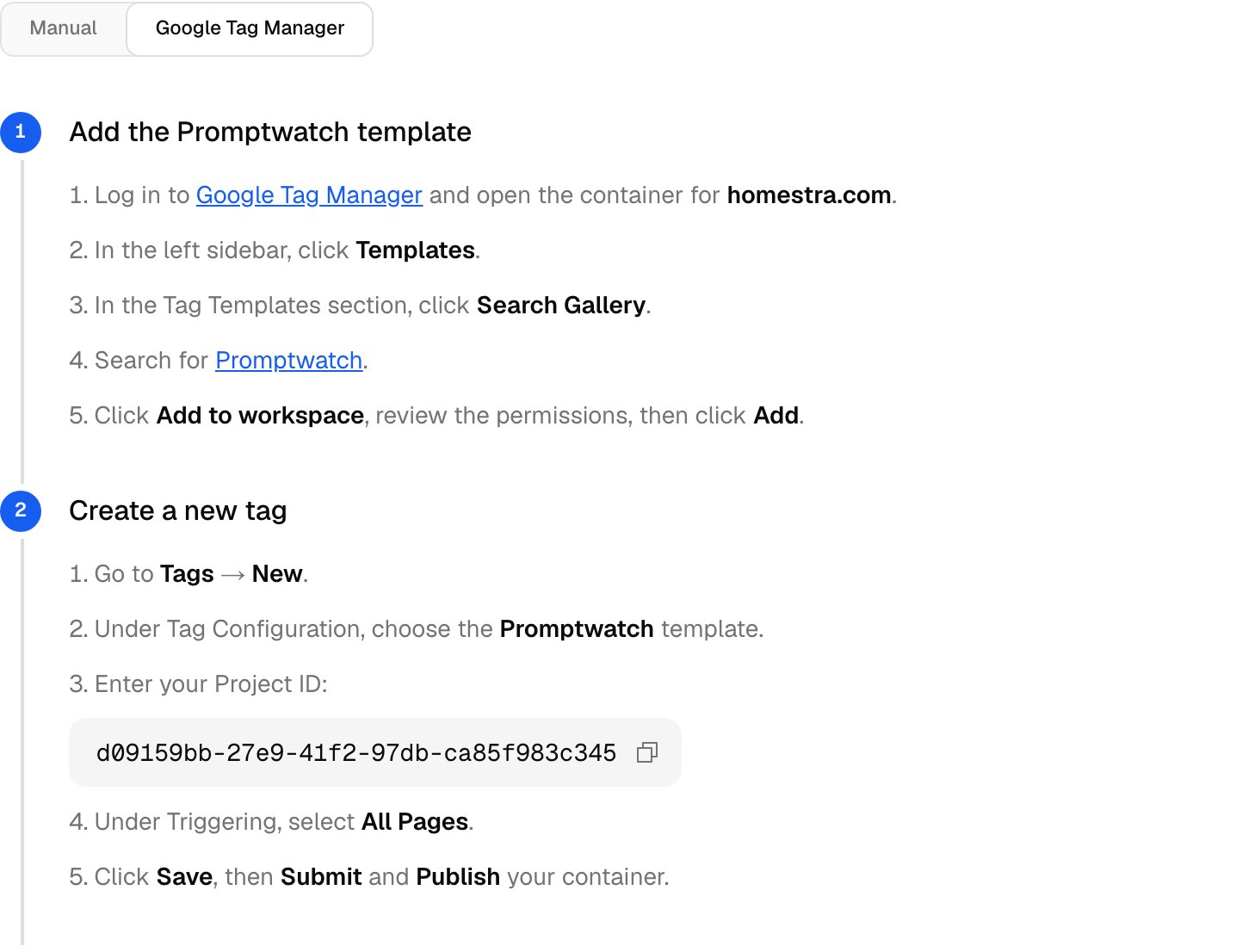The Google Tag Manager tab of the Promptwatch install flow, with the steps for adding the template and creating a tag with your Project ID.